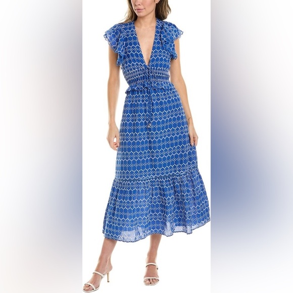 O.P.T. Anthropologie - Jardin Dress Eyelet Blue V-neck Cotton Midi Dress - Large - Picture 1 of 9